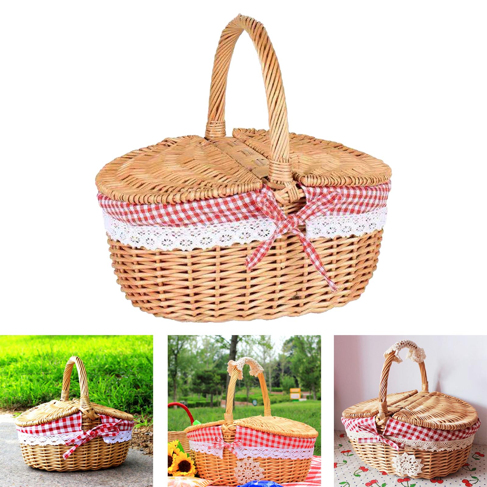 Basket Bag Wicker - 手織りの籐ピクニックバスケット、洗える裏地付き籐収納かご、籐収納サービングバスケット、ハイキングキャンプ用