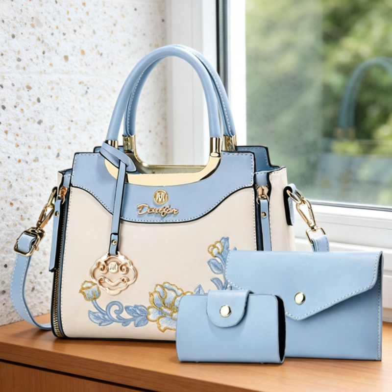 Women Bags Work - 高品質な刺繍入りハンドバッグ3点セット。毎日の外出、デート、仕事に最適です。 ファッショナブルで多用途なカラーブロックデザイン