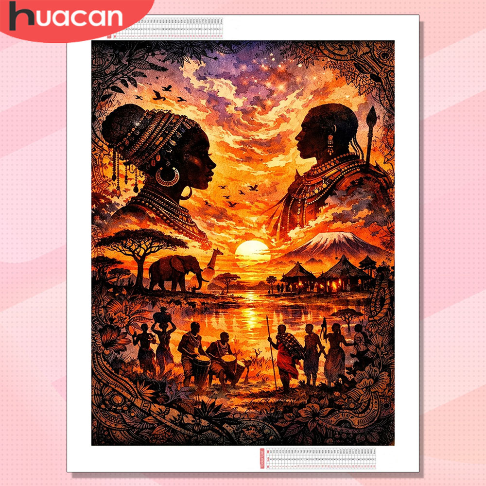 Women Bags Europe - HUACAN ダイヤモンドモザイクノベルティーズ 2026 インド・アフリカ女性の夕日肖像画 ダイヤモンドアート絵画 フルスクエア/ラウンドドリル