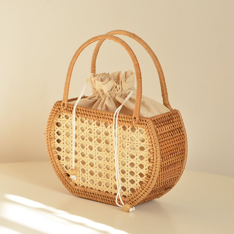 Basket Bag Wicker - カジュアル中空籐バスケットバッグ籐織女性ハンドバッグ手作り夏のビーチわらバッグ小さなバケツバッグバリトート財布