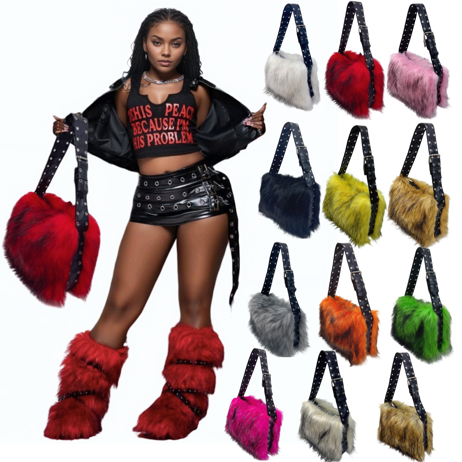 Women Bags Europe - Y2K フェイクファー レディースバッグ ショルダーバッグ クロスボディ 大容量