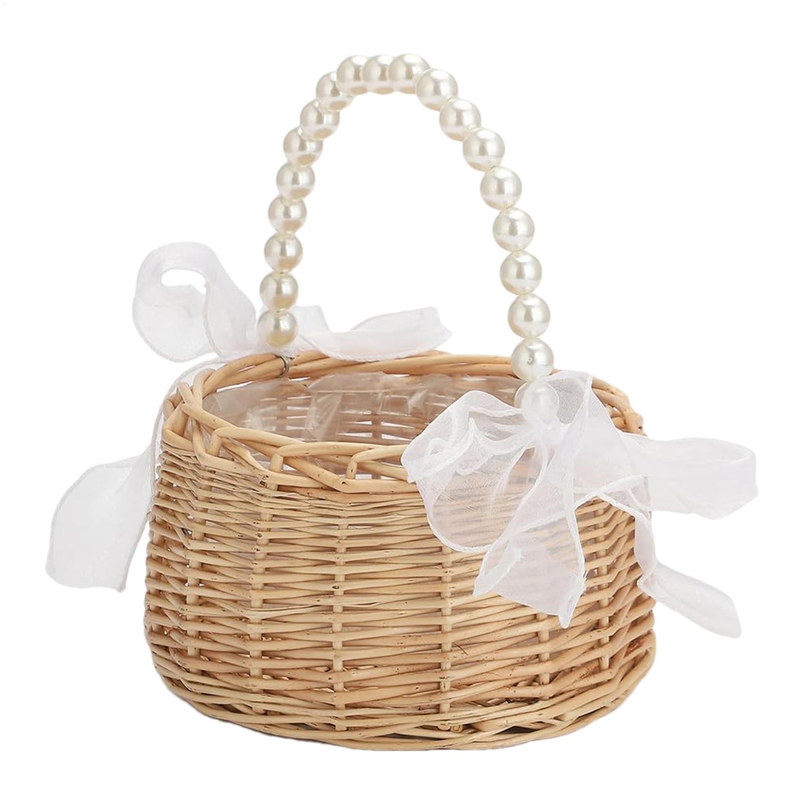 Basket Bag Wicker - 1つの籐製フラワーチャイルドバスケット、パールハンドルとリボン付き、手編み、グリーティングカード、ブライズメイド、デコレーション、ホーム用