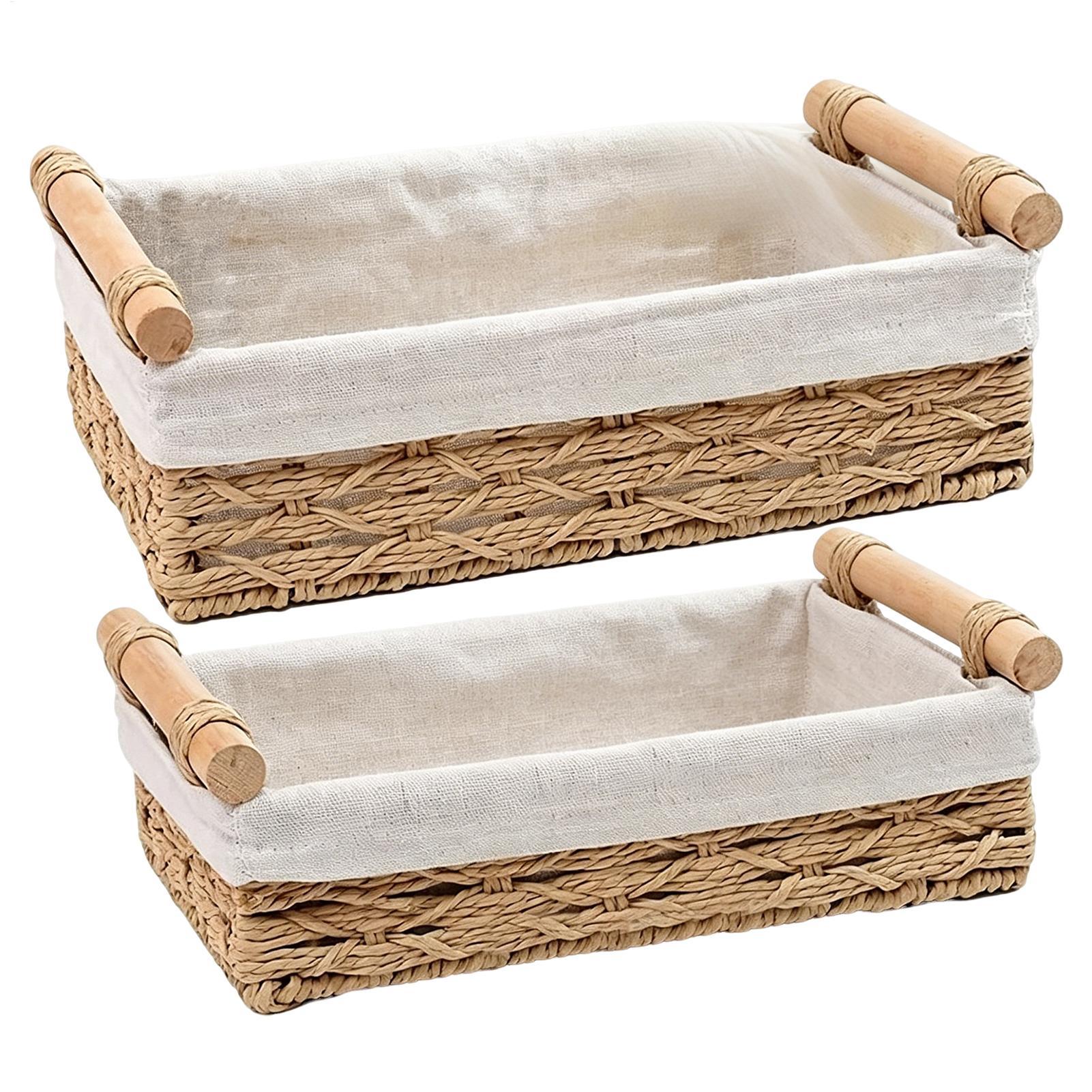 Basket Bag Wicker - ハンドルとライナー付き収納バスケット、デスクトップリモコンキー用の装飾オーガナイザーバスケット、家庭用カウンタートップ整理トレイ