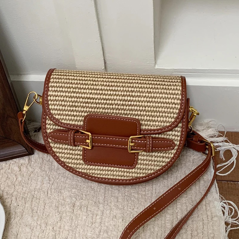 Women Bags Max - イングランドスタイル ミニストローサドルバッグ レディース 高級デザイナーハンドバッグ パピルス編み PUベルトショルダー付き
