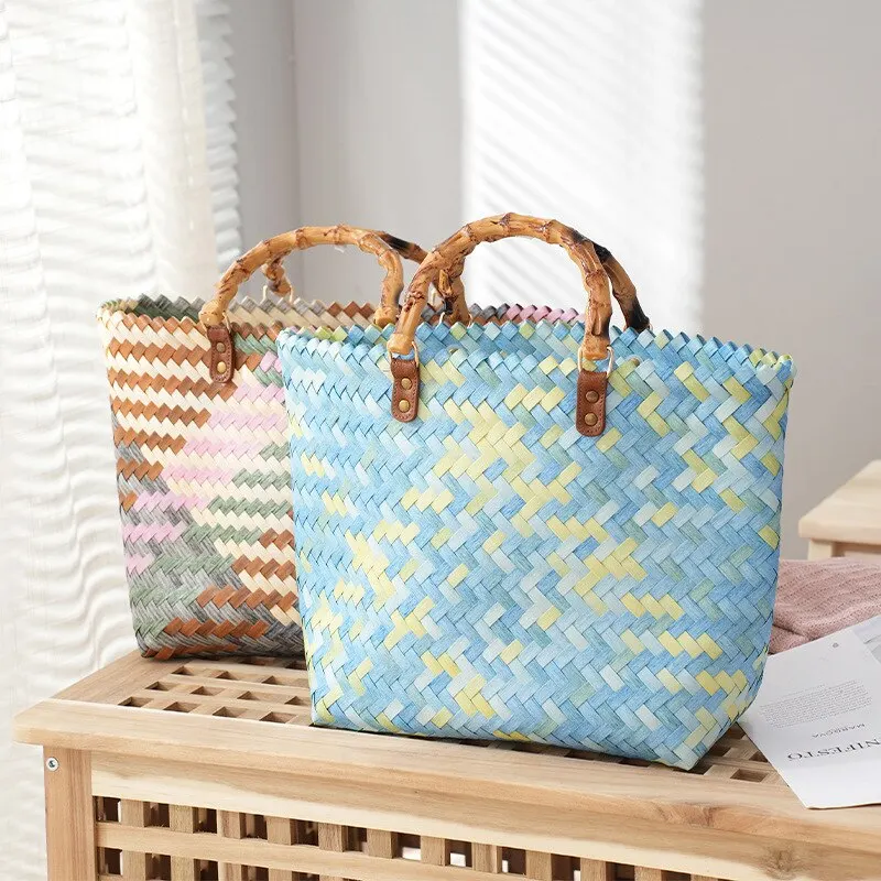 ヴィンテージ Bamboom ハンドル籐女性ハンドバッグ籐織 - Basket Bag Wicker のレビューと価格