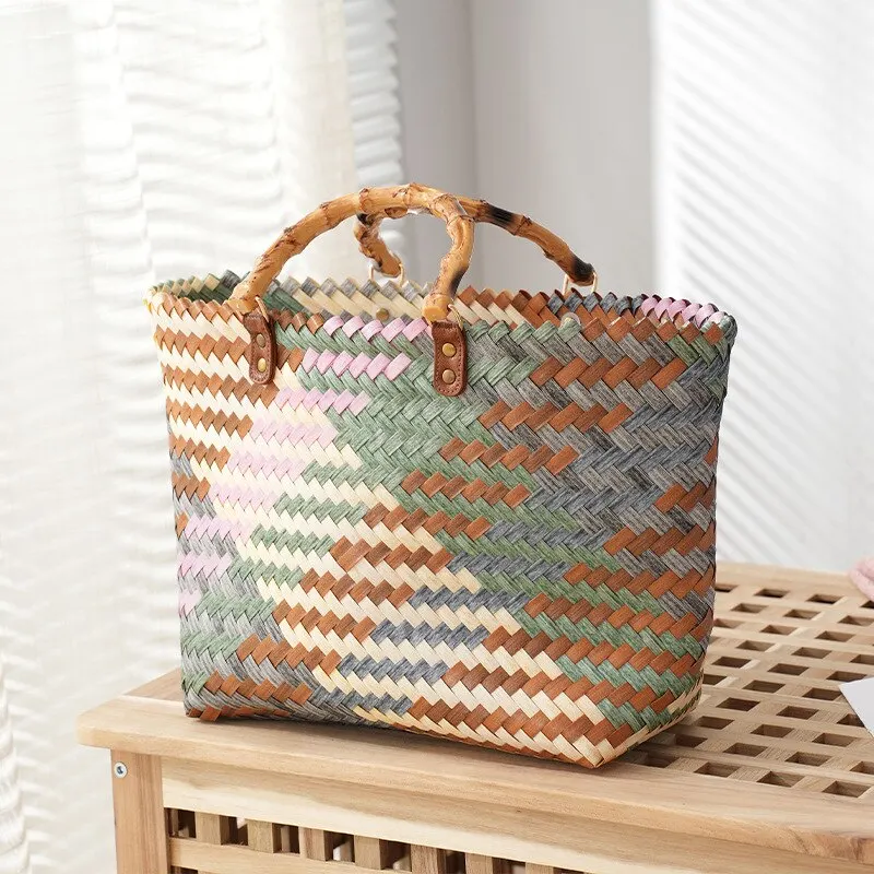 ヴィンテージ Bamboom ハンドル籐女性ハンドバッグ籐織 - Basket Bag Wicker のレビューと価格