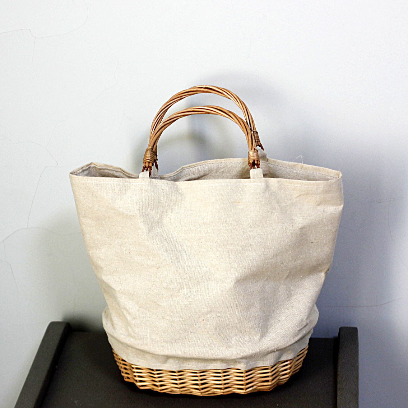 籐編みバスケットバッグ リネンパッチワーク レディースハンド - Basket Bag Wicker のレビューと価格