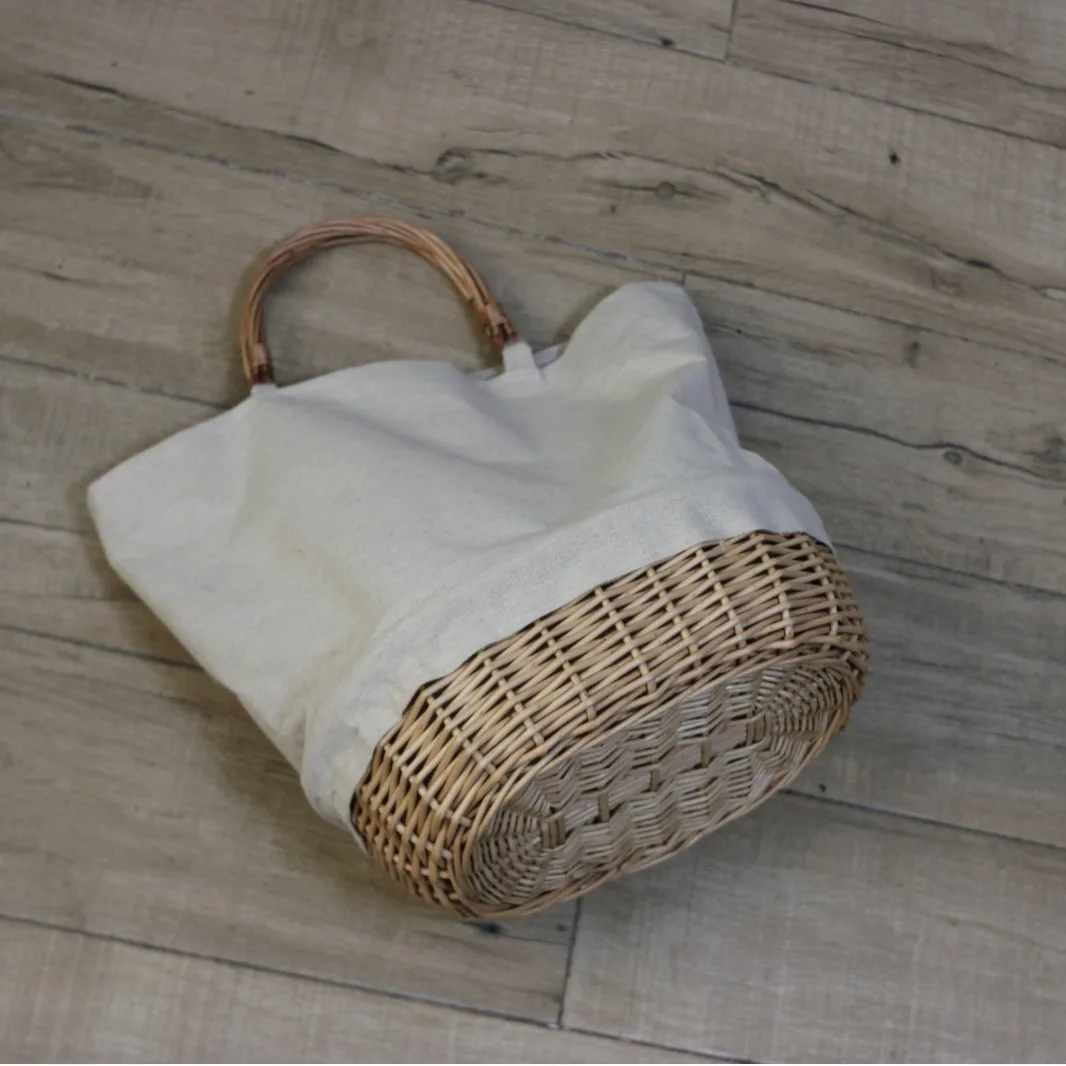 籐編みバスケットバッグ リネンパッチワーク レディースハンド - Basket Bag Wicker のレビューと価格