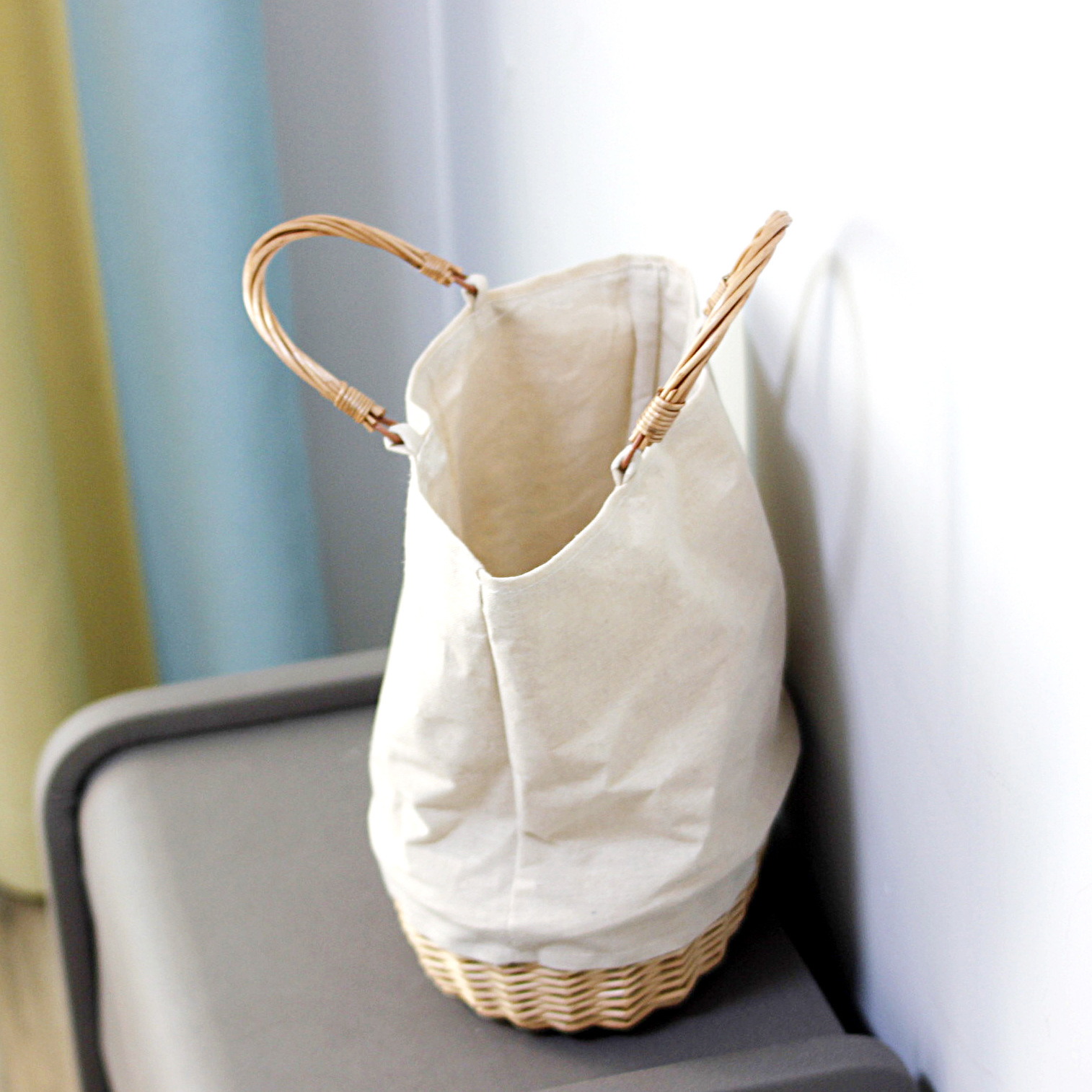 籐編みバスケットバッグ リネンパッチワーク レディースハンド - Basket Bag Wicker のレビューと価格