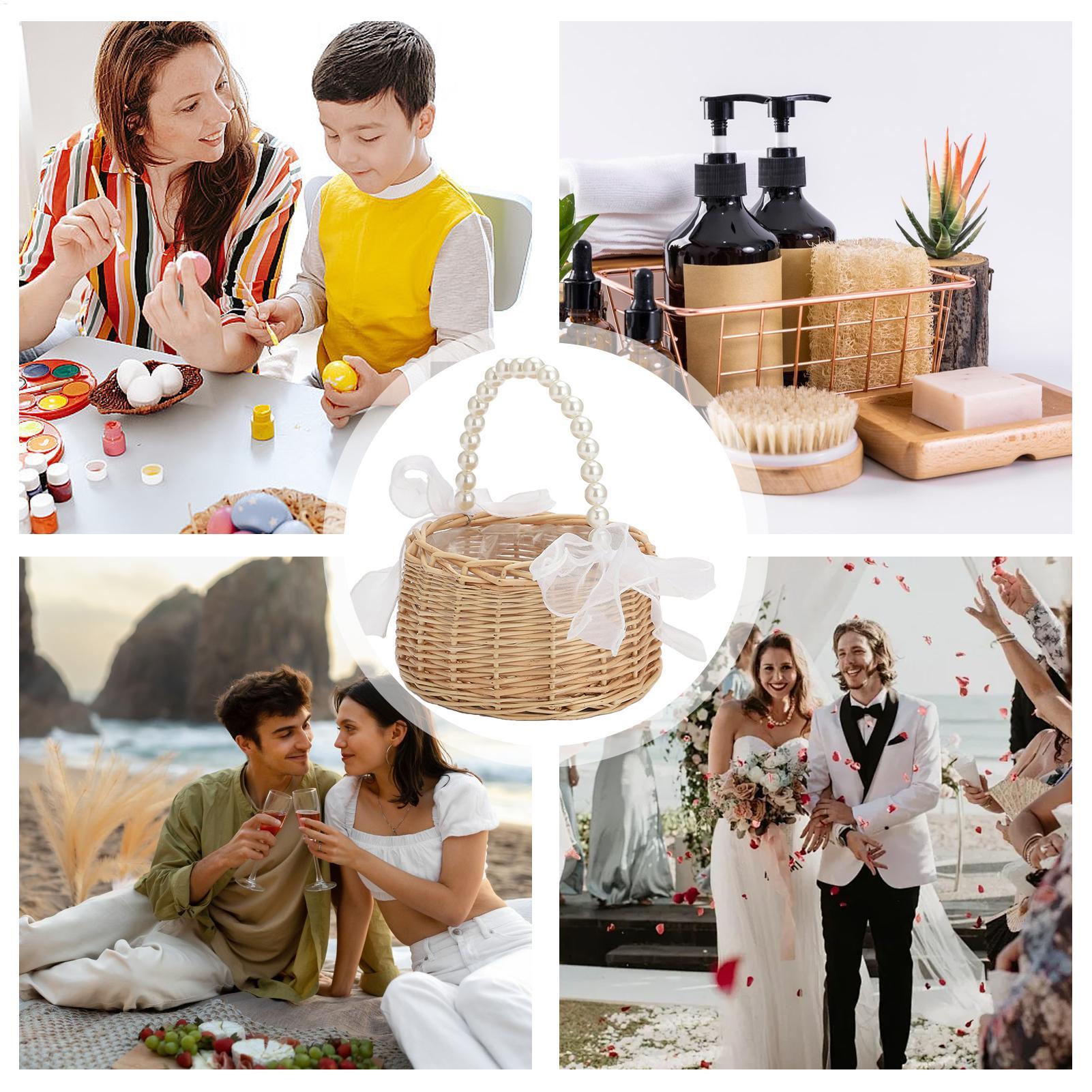 1つの籐製フラワーチャイルドバスケット、パールハンドルとリボ - Basket Bag Wicker のレビューと価格