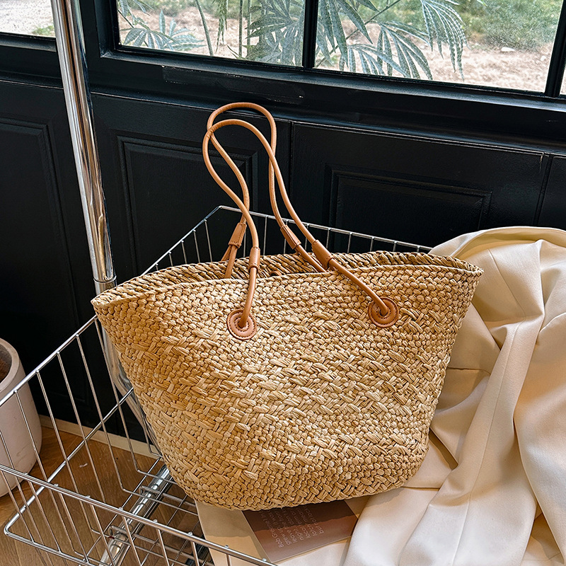 カジュアル籐大容量トートデザイナー籐織女性ハンドバッグ夏のビ - Basket Bag Wicker のレビューと価格