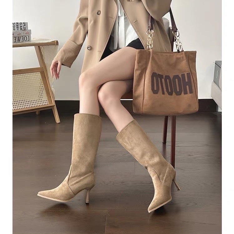 牛革スエードミッドカーフモダンブーツ細ヒールハイヒールレディ - Women Bags In Sale のレビューと価格