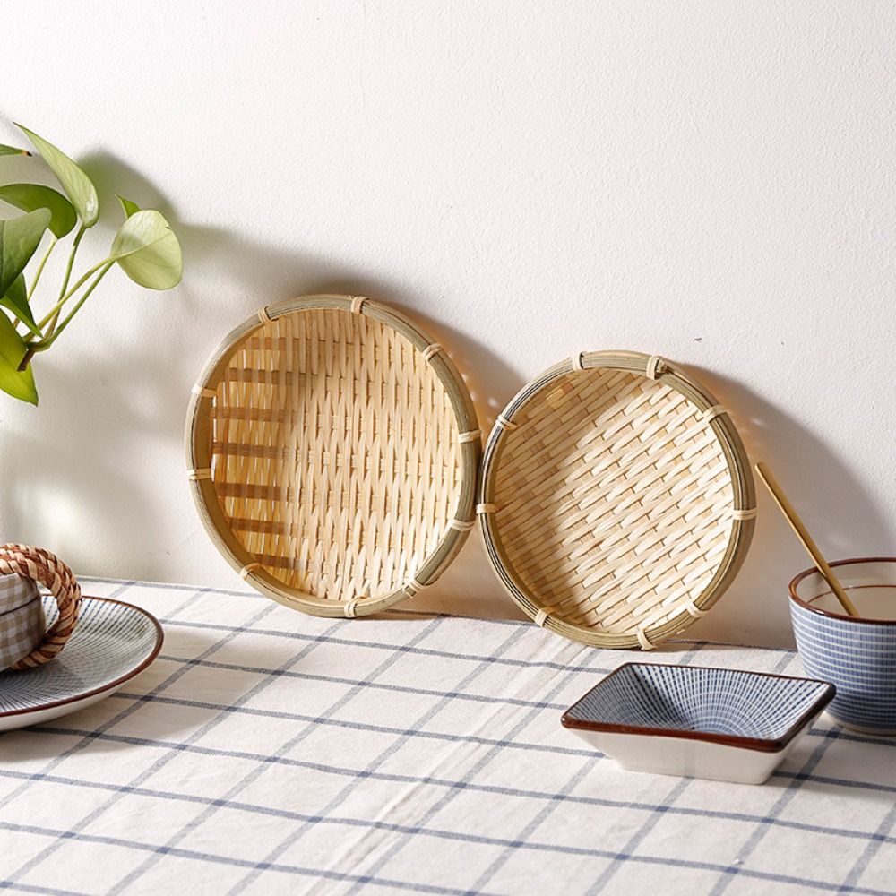 手作りの竹編みトレイ竹ラウンド竹編みバスケット籐パンバスケッ - Basket Bag Wicker のレビューと価格