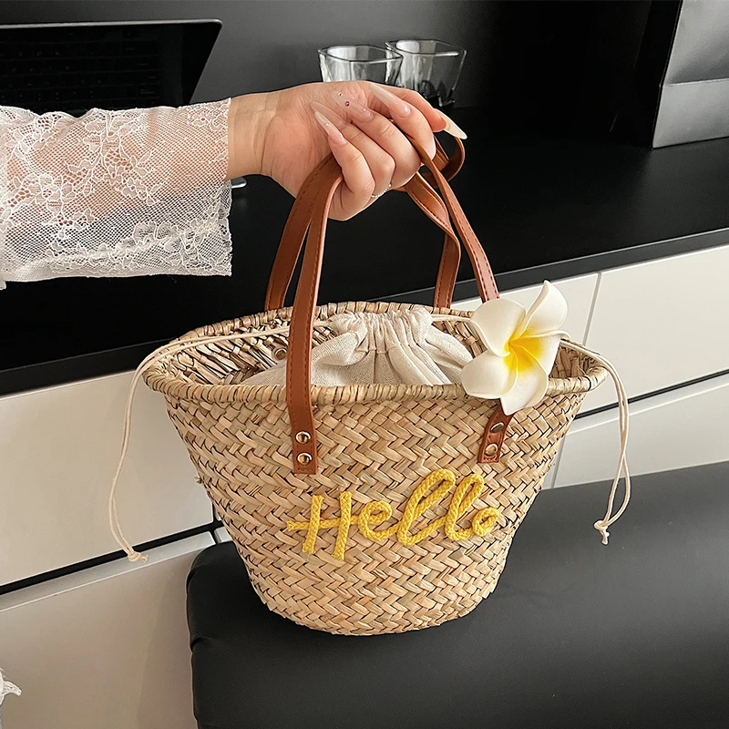 カジュアル籐織バスケットバッグ籐女性ハンドバッグ手作り夏のビ - Basket Bag Wicker のレビューと価格