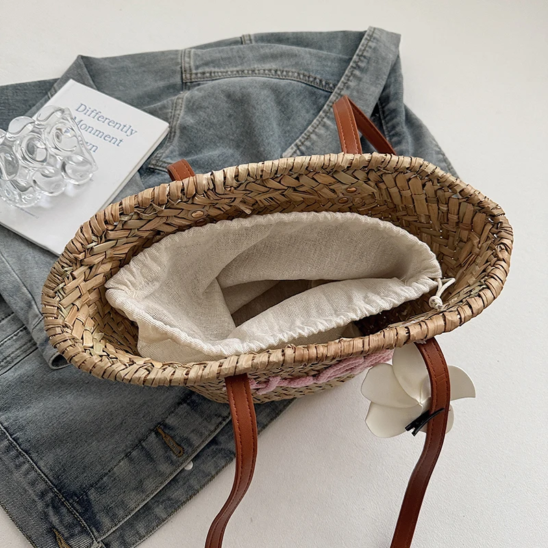 カジュアル籐織バスケットバッグ籐女性ハンドバッグ手作り夏のビ - Basket Bag Wicker のレビューと価格