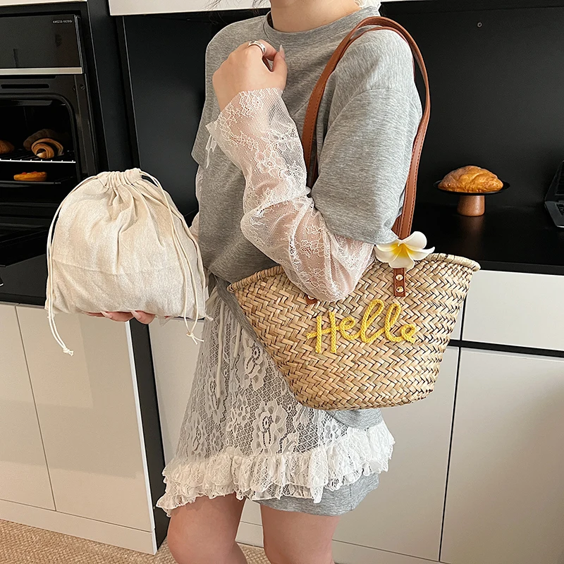 カジュアル籐織バスケットバッグ籐女性ハンドバッグ手作り夏のビ - Basket Bag Wicker のレビューと価格